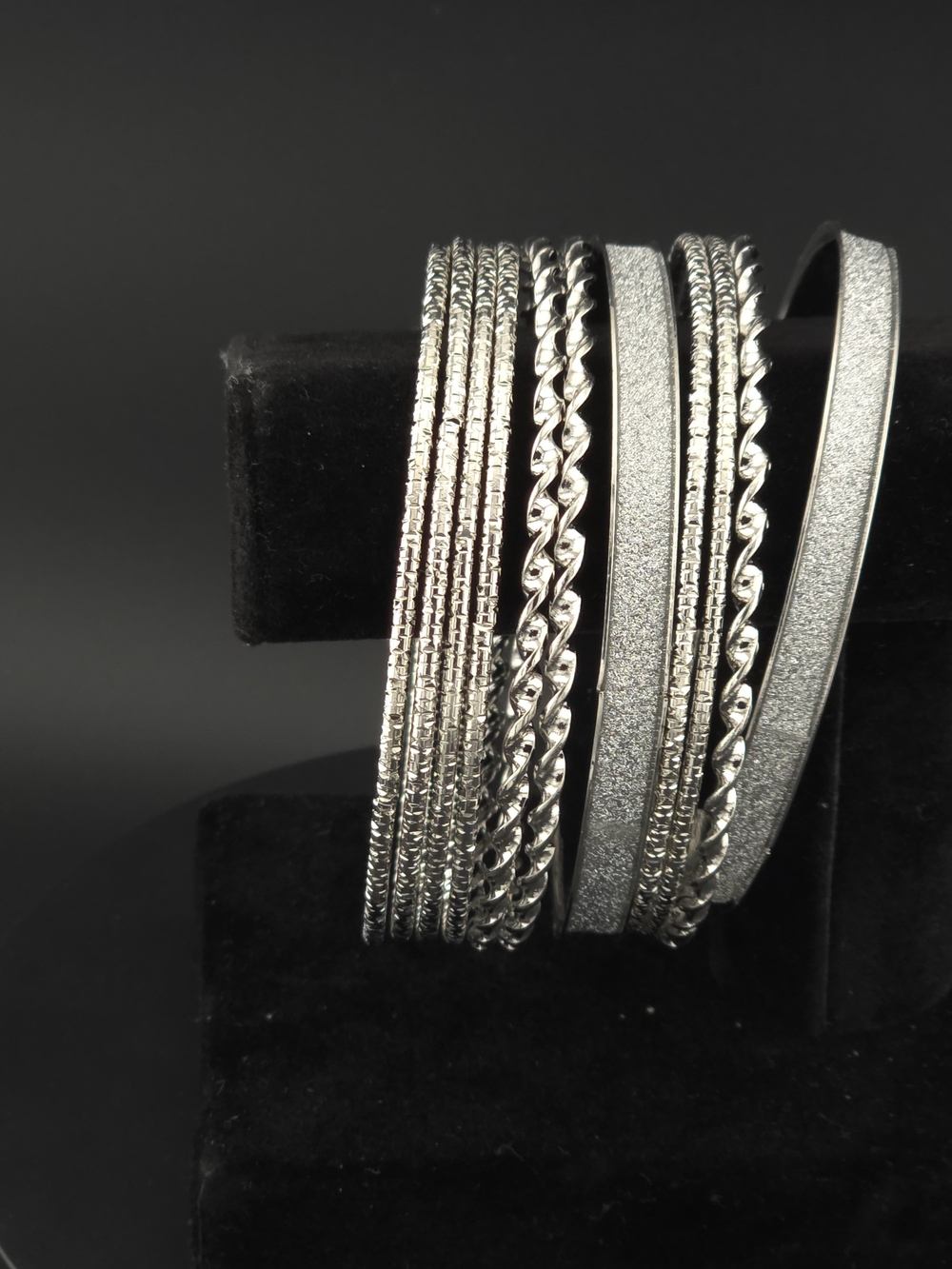 Silver Multi-Texture Bangle Bracelet Set - Women Jewelry